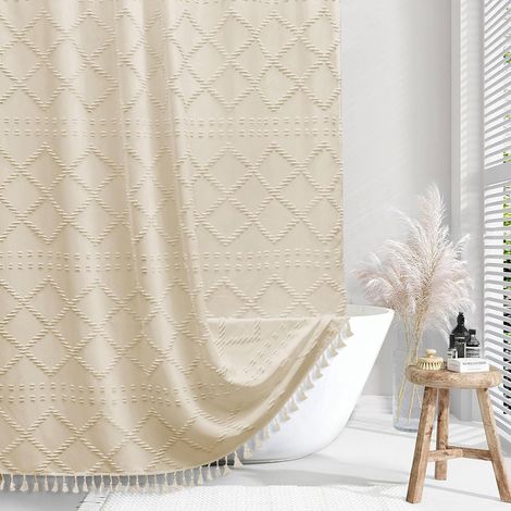 JSSEVN - Cortina de ducha rústica de tela tejida estilo bohemio – 190 x 240 cm – Estampado de espiga texturizado y minimalista – Color crema (1/5)