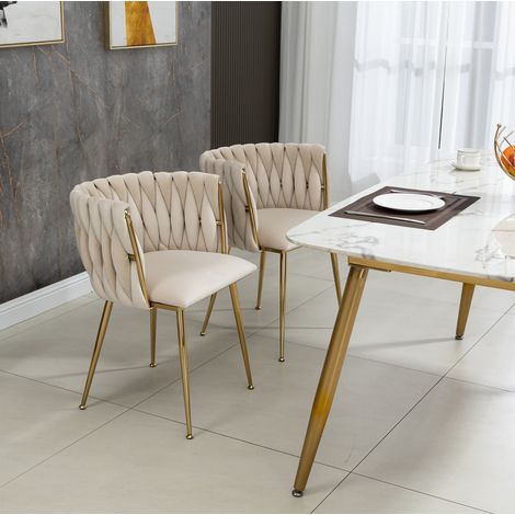 Chaise de salle à manger en velours ivoire 55,5 x 41 x 74 cm, pieds métal doré (1/5)
