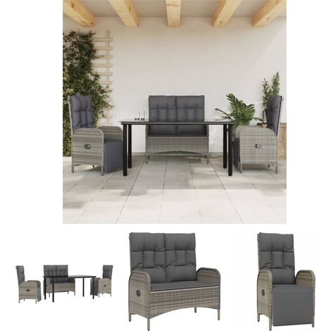 Terrassenbank - vidaXL 4-tlg. Garten-Essgruppe mit Kissen Grau Poly Rattan - Terrassenstuhl (1/5)
