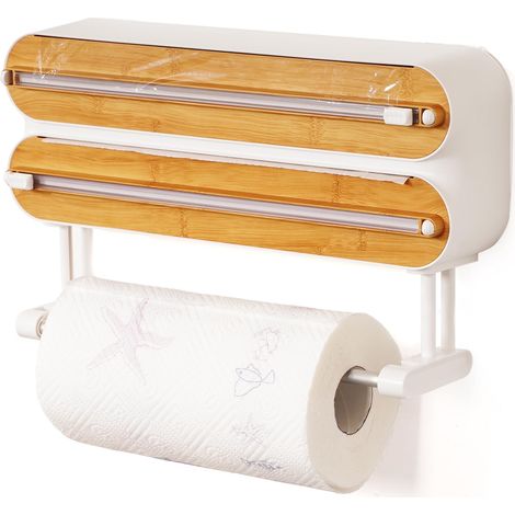 Distributeur 3 en 1 Film Alimentaire et Papier Aluminium Magnétique - Support Rouleau Sopalin avec Coupeur Intégré - Design Bois Bambou Élégant pour Cuisine Moderne (1/5)