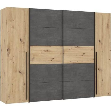 Kleerkast met 2 draaideuren + 2 schuifdeuren - Ambachtsman eiken en grijs betonnen decor - L 270.3 x D 61.2 x H 210 cm - NARAGO (1/5)