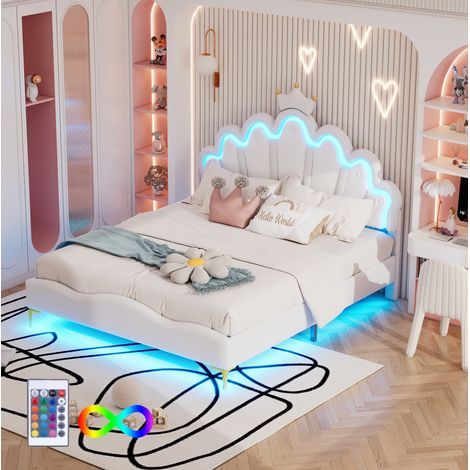 Prinzessinnenbett 140x200 cm Weiß, Gepolstertes Kronen-Kopfteil Und Integrierte Mehrfarbige LED-Beleuchtung (1/5)