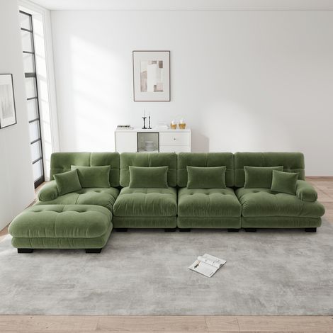 Divano angolare modulare a L 4 posti in ciniglia verde con pouf mobile OKWISH (1/5)