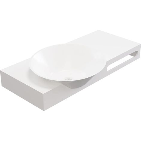 Vente-Unique – Plan vasque suspendu en solid surface – Blanc – Dimensions L100 x l54 x H20 cm – Porte-serviettes intégré – Finition mate (1/5)