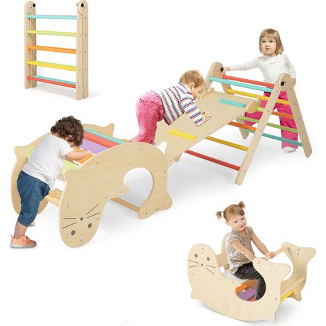 Goplus – Toboggan 6 en 1 – Triangle d'escalade Montessori en bois – Échelle ajustable 3 hauteurs – Bascule Lion de mer – 3-14 ans – 60 kg (1/5)