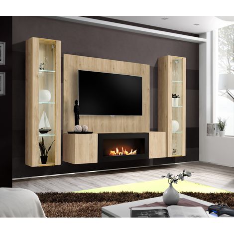 Ensemble meuble TV mural Fly M-P2 avec cheminée bioéthanol et vitrine LED - Bois MDF chêne Hickory Jackson - 240 x 170 x 40 cm - Livraison gratuite