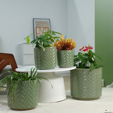 Pot de fleurs individuel en céramique de taille moyenne (Ø 31,5 cm), vert sauge brillant à motif chevrons, percé d'un trou de drainage et aéré, idéal pour les herbes aromatiques et les plantes vertes (1/5)