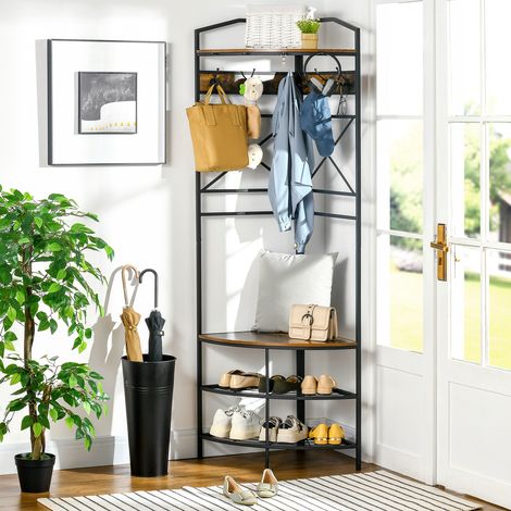 Porte-manteaux sol angle industriel - meuble couloir - établi et rangement chaussures - 50x50x183 cm - crochets - marron