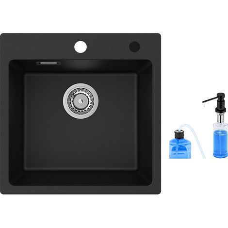 CECIPA Lavello da Cucina in Quarzo 1 Vasca 45x45 cm + Dispenser Sapone Nero 300ML - Lavello da Cucina in Quarzo e Resina - Lavello da Cucina Lavello da Incasso 1 Vasca