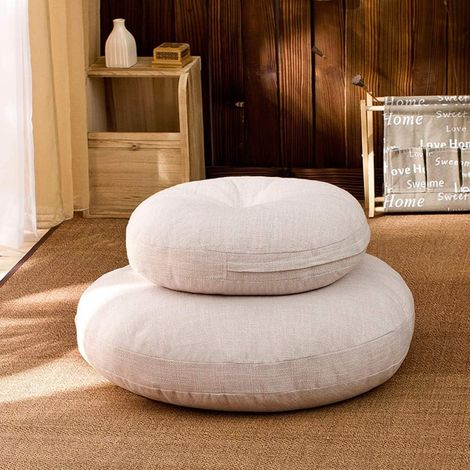 Rundes, dickes Leinen-Bodenkissen im japanischen Tatami-Stil, Kissen für Terrasse, Sofa, Balkon oder Stuhl, Milchweiß, 40 x 40 cm