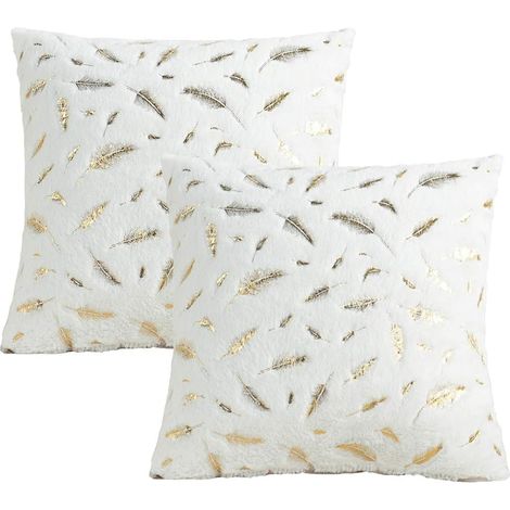 Housse de coussin en peluche plume, housse de coussin en fourrure dorée pour canapé, canapé, lit, bureau, décor, 40 x 40 cm, lot de 2 (1/4)