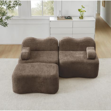 Canapé con otomana modular de terciopelo marrón, 2 plazas, forma en L, sin montaje (1/5)