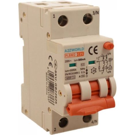 RCBO Interruttore Magnetotermico Differenziale Con Doppia Leva Tipo A Curva C 2P 2M 6000A 300mA, Diagnostica Visiva, C25A  AC 230V IP20 IEC61009-1 PL8M2 GB65625