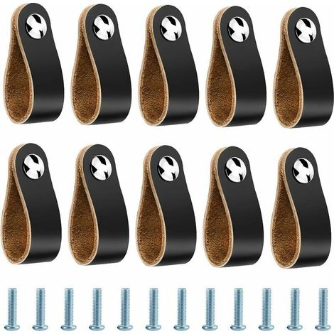 royaluxe - Poignee Cuir, 10 Pièces Poignées Meuble en Cuir pour Salle de Bain Cuisine Armoires de Portes - 14 x 2.5 cm, Noir (1/5)