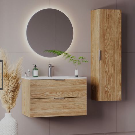 Ensemble meuble simple vasque encastrée 80cm et colonne Astrid Bois (1/5)