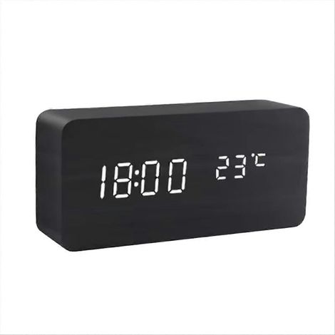 Horloge numérique en bois avec affichage LED de la température, décoration de bureau, de chambre ou de table, noire (1/5)
