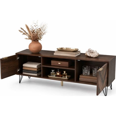 Meuble TV bas 155 cm avec 2 portes, 2 niches, poignées dorées et pieds en métal, rangement pratique pour salon ou chambre, design bois clair CHICFURN (1/5)