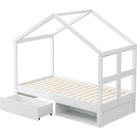 Lit simple 90x190 cm cabane avec tiroir, range-chaussures et LED multicolore, blanc (1/5)