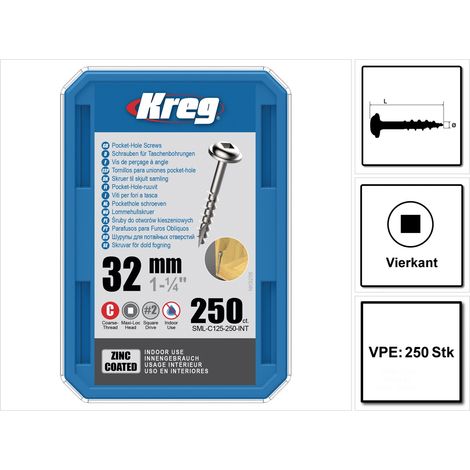 KREG Pocket-Hole Linsenkopfschraube 32 mm 250 Stk ( SML-C125-250 ) Vierkantantrieb Teilgewinde Grobgewinde selbstschneidend verzinkt