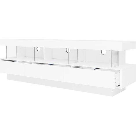 Meuble TV blanc brillant 1603850.5 cm avec 3 compartiments en verre, éclairage LED, contrôle via application, Bluetooth, pour TV 70 pouces, support TV en verre brillant, meuble TV intelligent
