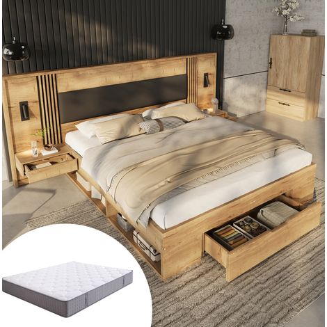 Bett modern aus MDF in Natur 160x200/180x200 cm mit gepolstertem PU-Kopfteil, Matratze, Stauraum, Nachttischen und Lampen