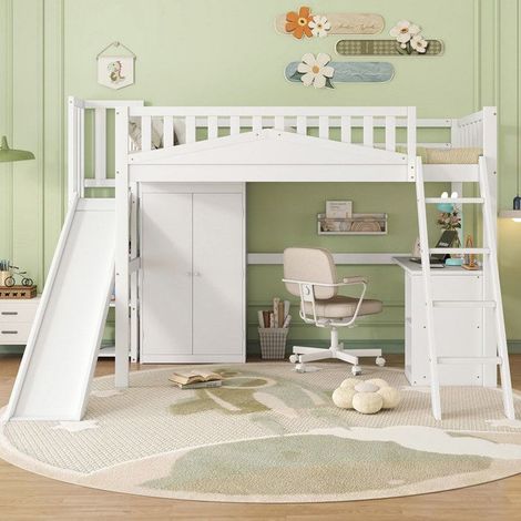 Lit superposé enfant 90x200 cm blanc en pin avec barrière, bureau, armoire et échelle 4 marches (sans matelas)