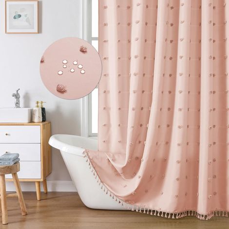 Cortina de ducha de tela bohemia, 183 x 198 cm, plisada, con borlas, estilo retro clásico, color rosa. (1/5)