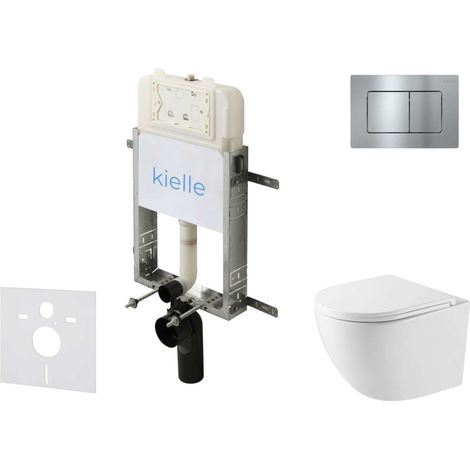 kielle Genesis New - Set bâti support, WC compact Oudee, Vortex Rimless+, abattant softclose et bouton-poussoir Gemini New III, chrome brillant 30528SZ44 (1/5)