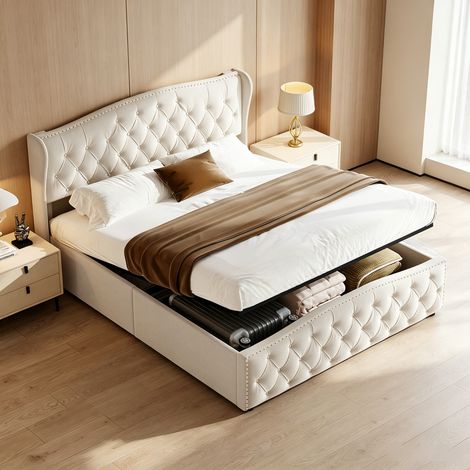 Lit Coffre 140x190 cm,lit Double capitonné boutonné design rivets, Sommier à Lattes, Rangement Hydraulique, Scandinave, Velours,Beige (1/5)