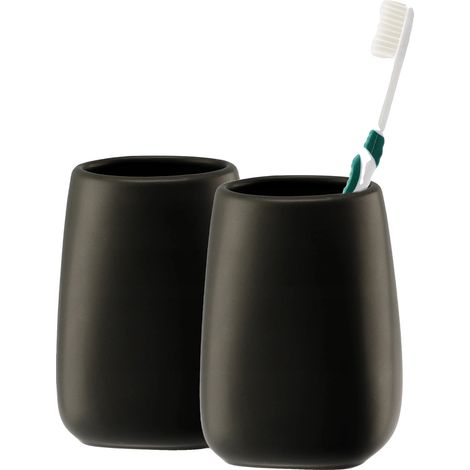 Vaso para cepillo de dientes, cerámica lisa, altura 10 cm, diámetro 8 cm, capacidad hasta 250 ml, negro. (1/5)