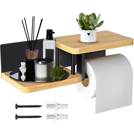 Porte Papier Toilette Mural en Bois [sans PERCAGE]  Derouleur Papier Toilette de Haute qualité avec étagères  Noir  Porte Rouleaux de Papier Toilette
