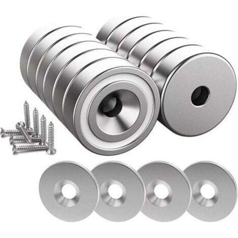 12 pièces Aimants en néodyme 10 KG force 20 x 7 mm avec trou et capsule, aimant en pot fraisé avec vis et 12 coussins en acier (Argent Brillant) (1/4)