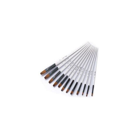 Lot de 12 pinceaux plats pour peinture à l’huile, pinceaux en nylon, manche blanc perlé (1/4)