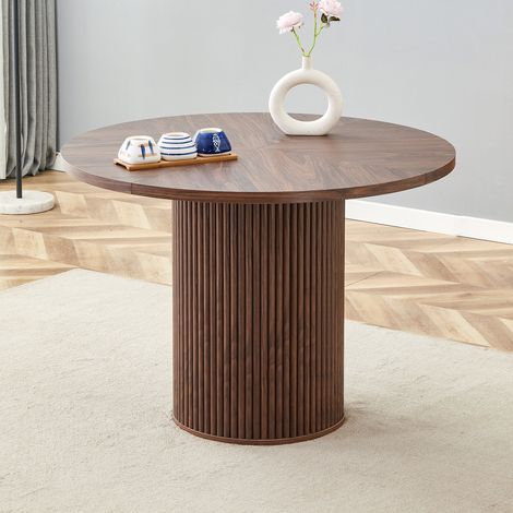 Table ronde de salle à manger en MDF 100 cm (4-6 pers.) – plateau 4 segments style noyer, pieds cylindriques métal + Velcro – idéale espace européen (1/4)