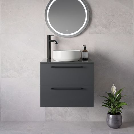 Napoli 460 Gloss Grey 600mm Wall Mounted 2 Drawer Vanity Unit for Countertop Basins - 600mm - Matt Black 320mm Handle