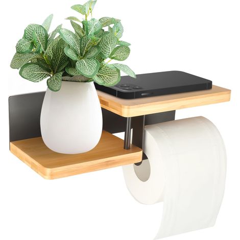 Porte Papier Toilette sans Percage, Derouleur Papier Murale en Bois, Porte-Papier Toilette à Coller ou à Percer pour Cuisines (1/5)