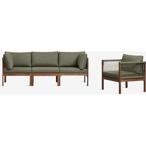 Ensemble de jardin avec canapé modulaire 3 pièces avec accoudoirs et fauteuil en bois d'acacia Branson SKLUM Vert Olive Intense - Marron Acacia Foncé (1/5)