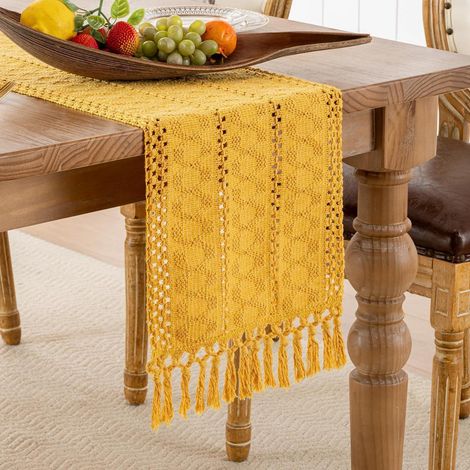 Tischläufer Gelb Makramee mit Quasten 30x180cm Baumwolle Leinen Landhausstil