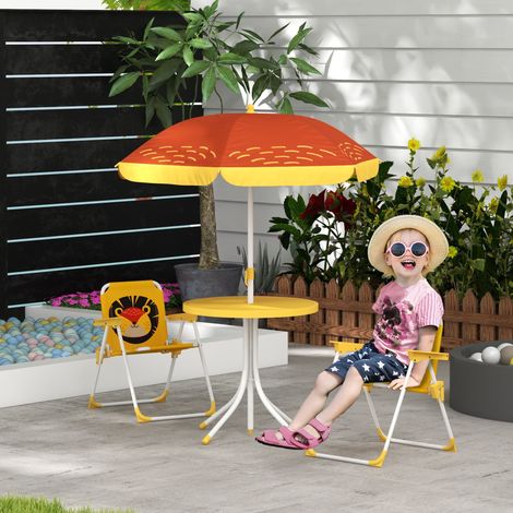 Ensemble de mobilier de jardin pour enfants 4 pièces avec motif lion, parasol réglable Ø 100 cm, chaise pliante jaune