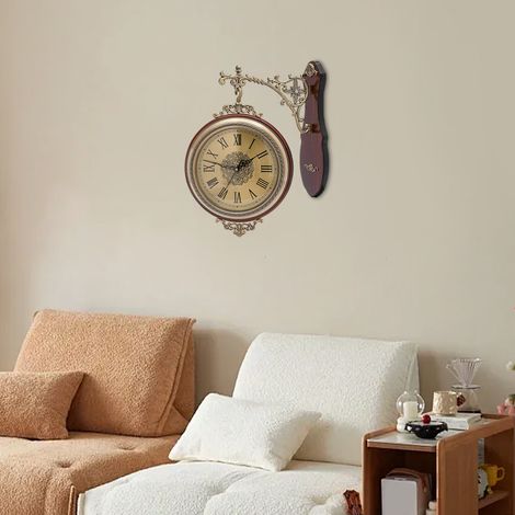 Runde braune Retro-Wanduhr, doppelseitig, mit schwenkbarem Zifferblatt, mit Wandbefestigungsplatte, seitlich befestigbar, dekorative Uhr für zu Hause, 12 Zoll (1/5)