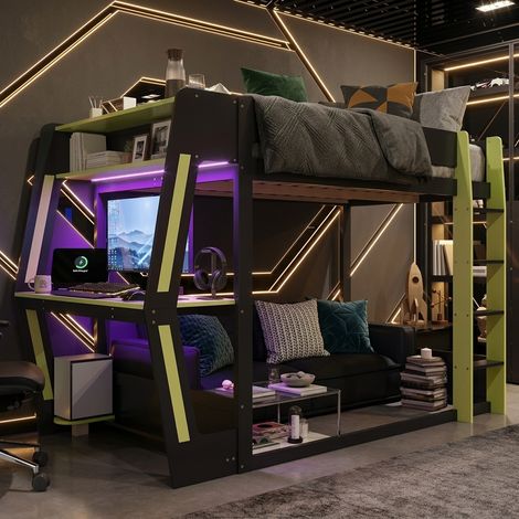Lit mezzanine gaming 120x200cm avec bureau gaming et support PC, lit surélevé mi-hauteur avec espace inférieur modulable, rangement, LED, noir et vert (1/5)