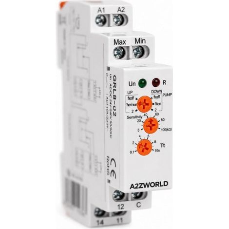 Relè Controllo Livello Liquidi Avanzato, AC/DC 24-240V 10A, Controllo 1 o 2 Livelli, Pump Up/Down, Ritardo 0,1-10S, Regolatore Livello Acqua, Per Pompe e Serbatoi, 1 Modulo Guida Din
