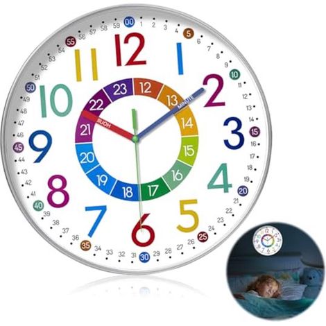Longziming - Horloge murale éducative pour enfants 25 cm – Horloge silencieuse avec affichage 12/24 heures – Grands chiffres – Apprentissage de l'heure – Idéale pour la chambre d'enfant et l'école (1/5)