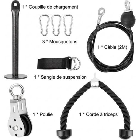 KIT POULIE FITNESS F054B, CÂBLE 2M, PIN DE CHARGE, NYLON ET ACIER INOXYDABLE, 360° (1/5)