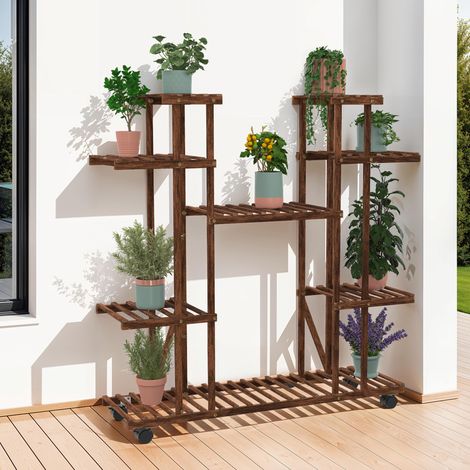 Estante para macetas de madera con ruedas - soporte para plantas