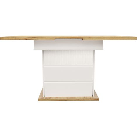 Table à manger extensible avec surface pliante 110-140×80 cm blanche, table multifonction pour 4-6 personnes avec rangement intégré (1/5)