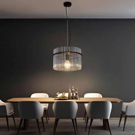 Hängeleuchte Pendellampe Wohnzimmerlampe Esszimmerleuchte Deckenleuchte, Metall schwarz Glasstäbe rauchfarben, 1 Flammig E27, D 40 cm