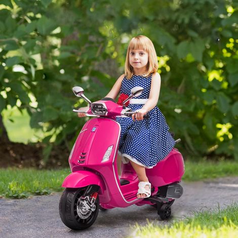 Scooter électrique enfant Vespa 6 V dim. 107L x 47l x 73H cm Musique MP3 Port USB Phare 2 roues d'entraînement - Rose (1/5)