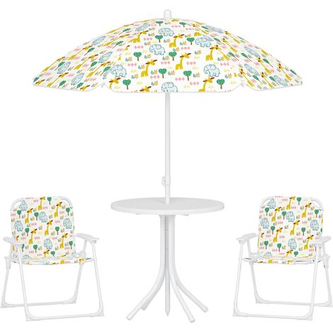 Ensemble table et chaises de jardin pour enfants, 4 pièces, chaises pliantes, parasol réglable, motif éléphant, blanc (1/5)