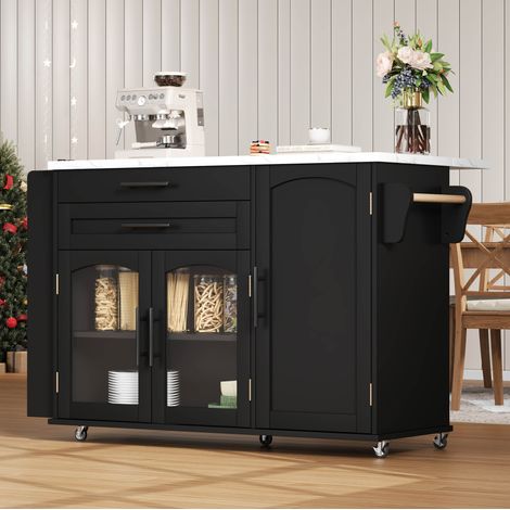 Isla de cocina 138x70x90 cm negra en MDF con tablero abatible y ruedas con freno